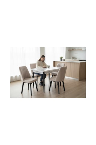 Tool Aksesuar T-6025 Carara 70x120 Mdf Kare Gold Krem Sandalye 4 Kişilik Mutfak Masası Takımı