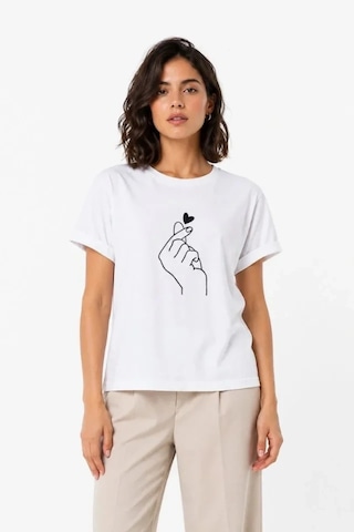 Defymoda Kore Parmak Kalp Aşk Temalı Minimal Baskılı Tişört Yazlık Kısa Kol T-shirt - Beyaz