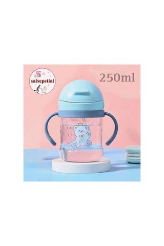 250ml Figürlü Pipeti Suluk Bebek Matara Sevimli Su Şişesi Bebek Pipetli Yatarken Içme Aparatı Var Mavi