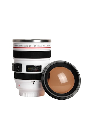 Kosona Kamera Lens Tasarım Termos Bardak, 400ml Paslanmaz Çelik, Dökülme Engeli, Fotoğraf Severler İçin, Beyaz Beyaz