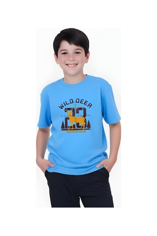 Panios Kids Hunting Club Baskılı Erkek Çocuk Yuvarlak Yaka Kısa Kollu T-shirt Mavi