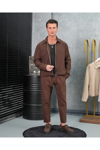 Modefendi Düz Kumaş Oversize Fermuarlı Alt Üst Jogger Takım Kahverengi
