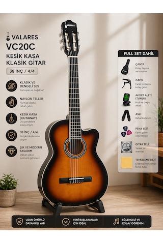 Valares Vc20c Kesik Kasa Klasik Gitar 38 İnç 4/4 Yetişkin Üst Segment Çanta Capo Askı Pena Tuner Sunburst