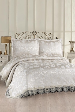 Çeyiz Diyarı Fransız Dantelli Seravelle Çift Kişilik Yatak Örtüsü 230x250 Cm Bej