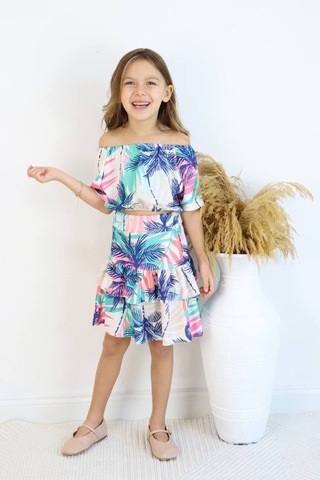 Carmen Yaka Madonna Desenli Etekli Takım - Bahar Esintisi Palmiye Adası Etekli Takım Çok Renkli