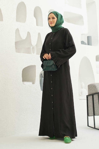 Neways 6587-denim Düğmeli Kolları Fırfırlı Ferace Siyah Siyah