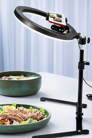 10 Masaüstü Ring Light Çekim Standı 30-47,5 Cm Ayarlanabilir Yükseklik, Telefon Tutuculu Ürün Video & Fot