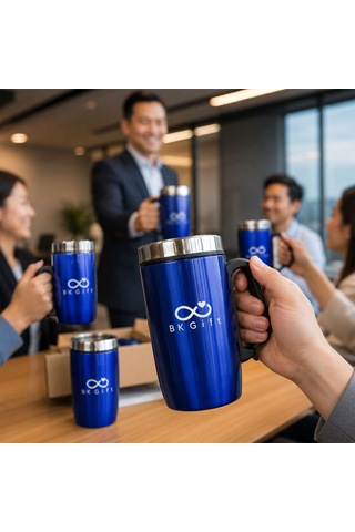 Logonuza Özel 5 Adet 5304 Çelik Kupa 240 Ml Kilitli Kapaklı Kurumsal Termos Mug Mavi