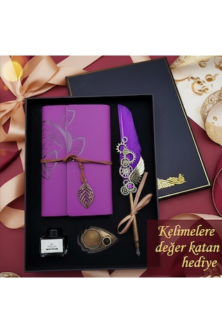 Mor Tüylü Divit Kalem Seti Deri Defterli Özel Kutulu Vintage Hediye Seti, Öğretmenler Günü, Doğum Günü