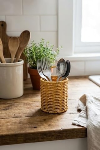 Yuvarlak Hasır Dokulu Plastik Rattan Kaşıklık Ve Çatallık, Askılı Çok Amaçlı Mutfak Organizeri, 10x14 Cm Açık Ahşap