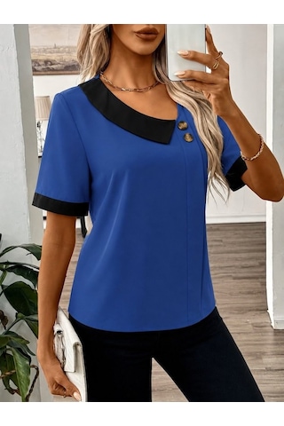 Hazego Kadın Kısa Kollu Asımetrik Yaka Detaylı Düğmeli Dubai Bluz Mavi