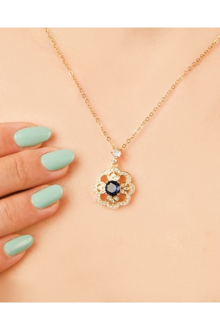 Kadın Kararmaz Çelik Takı Lacivert Zirkon Taşlı Çiçek Kolye