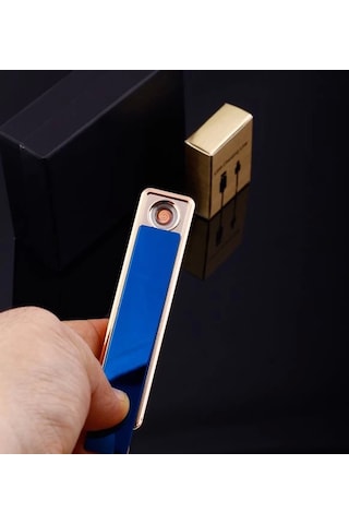 Şık Görünümlü Usb Şarjlı Rezistanslı İnce Slim Metal Çakmak Mavi Lisinya Ahşap