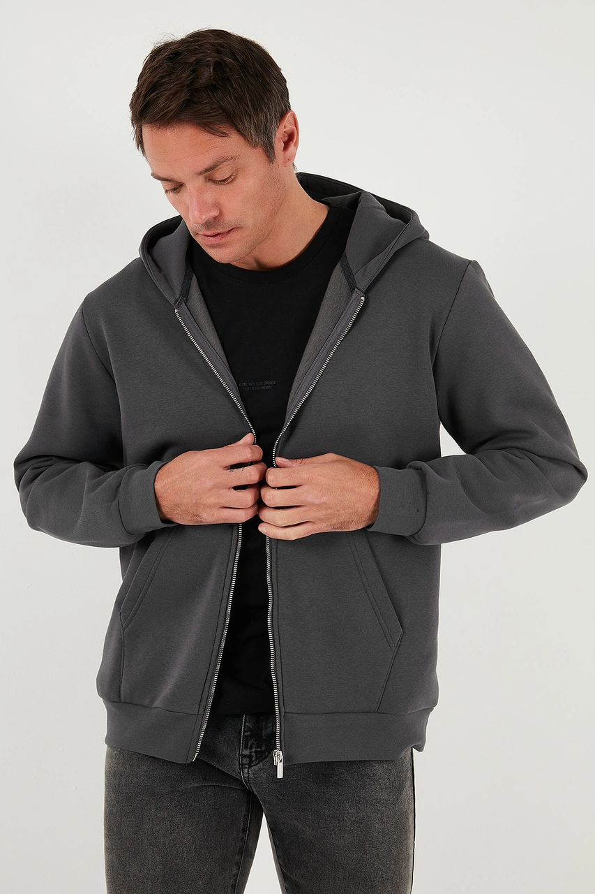 Buratti Regular Fit Kapüşonlu Fermuarlı Içi Tüylü Yumuşak Şardonlu Kışlık Erkek Sweat 5905340 Antrasit