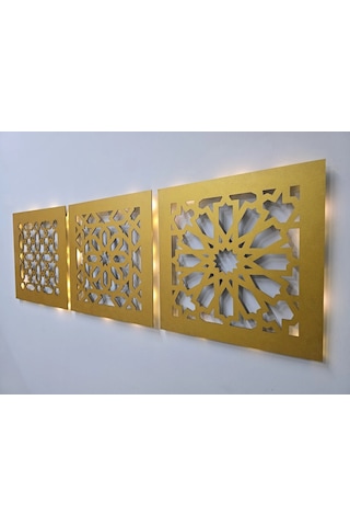 Led Işıklı Motif Tablo 3 Lü Set - 30x30cm Gold