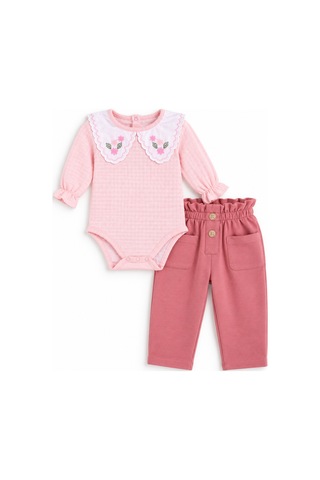 Babyhola 1-3 Yaş Kız Bebek Çocuk Çıtçıtlı Badi Pantolon Şık Alt Üst 2'li Takım Bayramlık 2327 Pembe