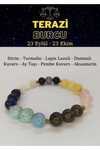 Terazi Burcu Bilekliği Lapislazuli,turmalin, Sitrin, Akuamarin, Pembe Kuvars, Aytaşı, Dumanlı Kuvars Çok Renkli