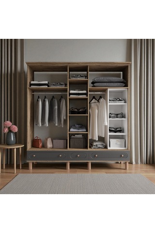 Comiet Sally 5 Kapaklı Aynalı Çekmeceli Mdf Gardırop Antrasit