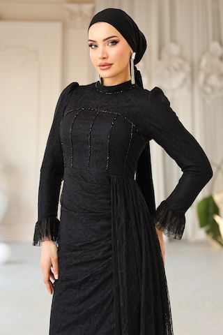Olcay Beli Pelerin Detaylı Taş Süslemeli Dantel Tesettür Abiye Elbise Siyah 1252