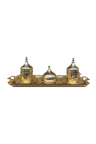 El Yapımı Zamak Kahve Fincan Seti 2 Kişilik - Sarı Renk İşlemeli