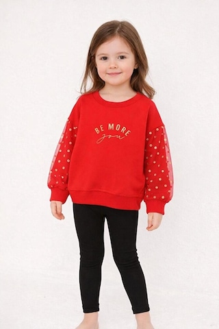 Kız Çocuk Tül Kol Detaylı Uzun Kollu Sweatshirt Kırmızı 2 7 Yaş Kırmızı