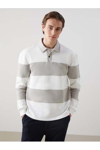 Lcw Vision Bej Polo Yaka Uzun Kollu Çizgili Erkek Sweatshirt