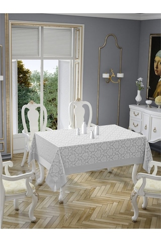 Polycotton Pamuklu Damask Desen Gümüş Gri Renk Luks Masa Örtüsü 160x220cm