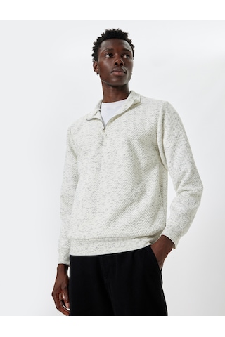 Koton Yarım Fermuarlı Sweatshirt Dokulu Pamuklu Beyaz 5wam70039mk Beyaz