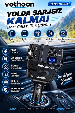 Tank Modeli 66w 4 Ü 1 Arada Çift Kablolu Araç İçi Çakmaklık Hızlı Şarj Aleti Voltaj Göstergeli Çok Renkli