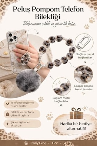 Peluş Ponpon Telefon Ve Çanta Bilekliği Gri Leopar Ve Düz Leopar Renkli Yumuşak Kürklü Anahtarlık, Telefon Askısı Ve Şık Boncuklu Kadın Aksesuarı Acik Yeşil