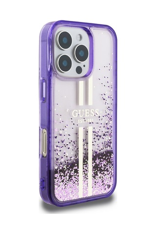 Apple Uyumlu iPhone 16 Pro Max Kılıf Guess Lisanslı Transparan Sıvılı Simli Altın Çizgili Kapak Mor