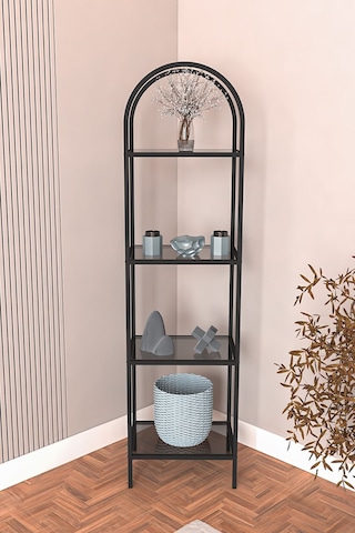 Mona Siyah Köşe Kitaplık Dekoratif Aksesuar Rafı Mutfak Rafı 40cm Füme Camlı