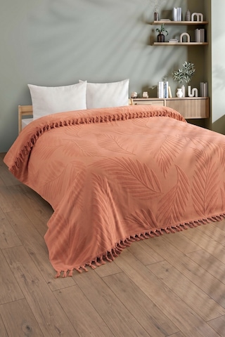 Çift Kişilik Saçaklı Havlu Yatak Örtüsü - %100 Pamuk & Yumuşak & Saçaklı Pike - 200x220 Cm-kiremit Kıremıt