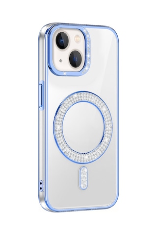Apple Uyumlu iPhone 14 Kılıf Pırlanta Taş Tasarımlı M-safe Şarj Özellikli Zore Karetta Silikon Kapak Mavi