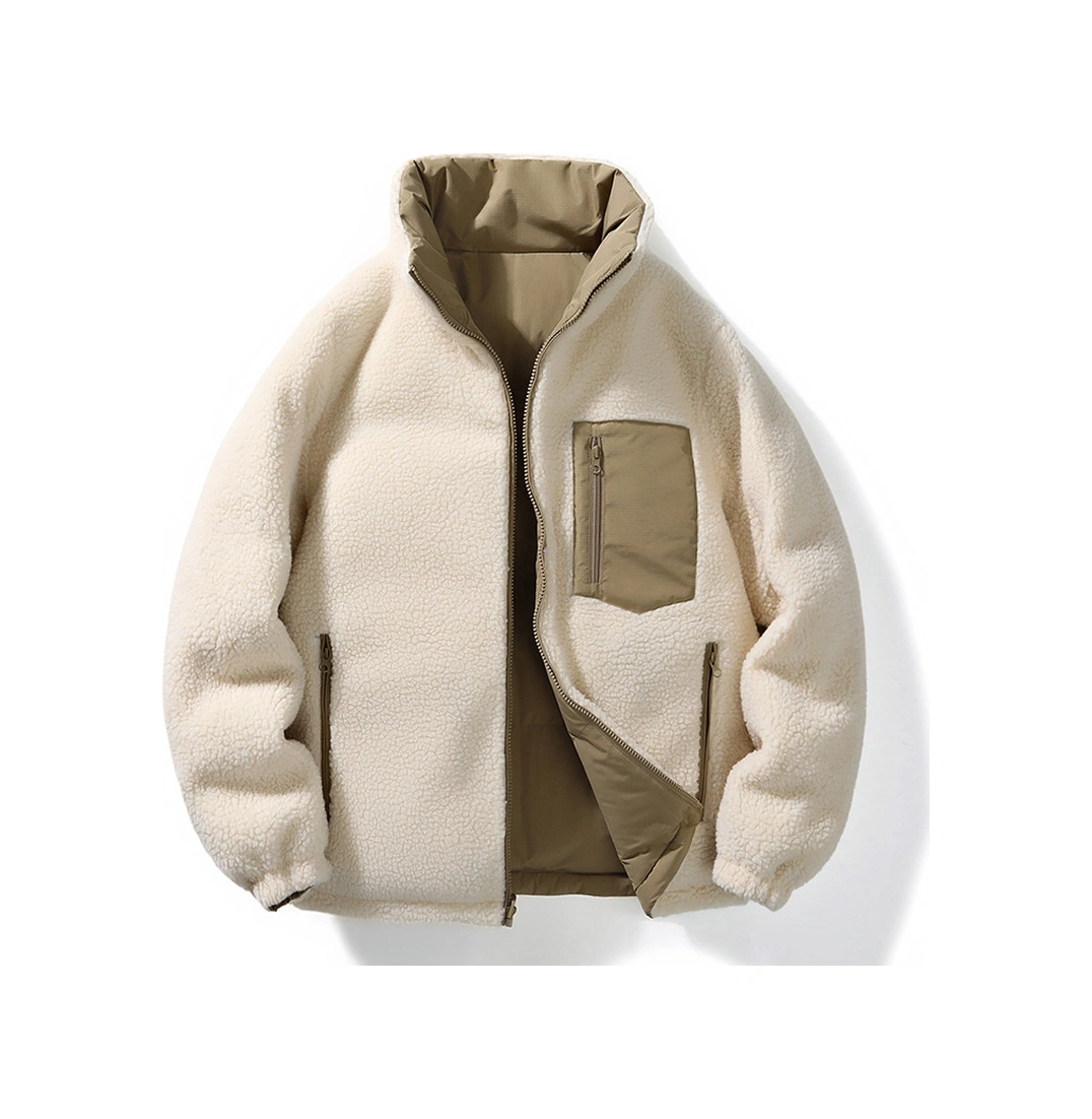 Çift Taraflı Düz Renk Dik Yaka Artı Kadife Kalın Sıcak Erkek Pamuklu Ceket AÇIK YEŞİL