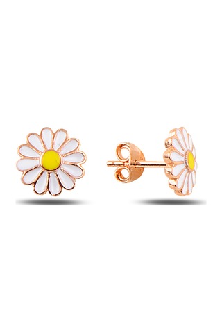 Çekirdekjewelry 925 Ayar Gümüş Rose Papatya Küpe Beyaz Mineli Pembe