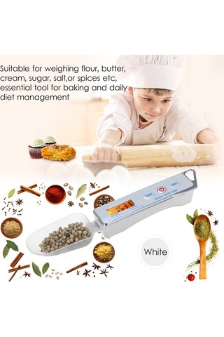 Fortunelane 0.05g-500g Beyaz Dijital Tartı Kaşık, 30ml+80ml Bölmeli Kolluklar, Fd-1 Pil Yok, Mutfak/pişirme İçin Beyaz