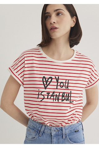 Mavi - Love You Baskılı Çizgili Istanbul Tişört 167986-26829 Beyaz