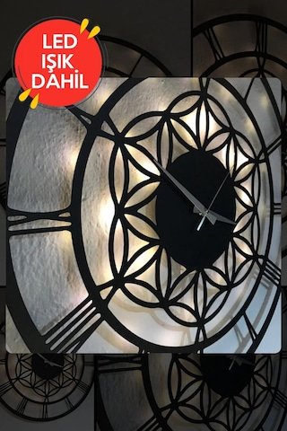 Led Işıklı Çiçek Duvar Saati Sessiz Dekoratif Modern Siyah Ahşap Siyah