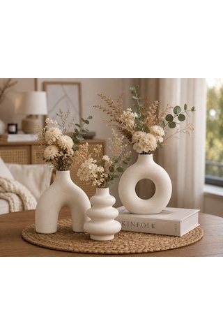 El Yapımı Minimal Vazo Set 3 Lü 3lü Mini Set Beyaz