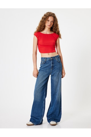 Koton Crop Tişört Bürümcük Sırt Detaylı Kap Kol Kayık Yaka Slim Fit Kırmızı 4sal30379ık Kırmızı