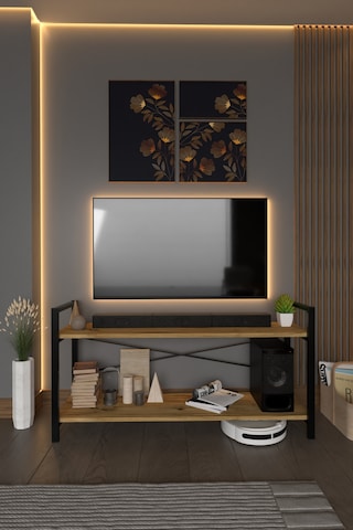 TV Ünitesi Dekoratif 2 Raflı Metal Ayaklı TV Sehpası Atlantik Çam