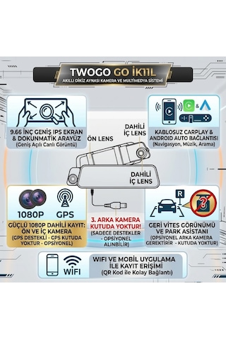 9.66" Akıllı Dikiz Ayna Araç Kamerası Ön ve Araç İçi Kabin Kayıtlı CarPlay Android Auto (Opsiyonel Arka Kamera Destekli)