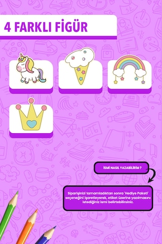 İsim Yazılabilir Sevimli Unicorn Temalı Okul Etiketi Kalem & Defter İçin 200 Adet Figür 1 Çoklu