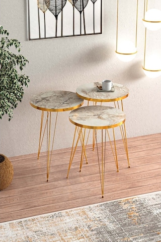 Efes Gold Metal Ayaklı Gold Detaylı Zigon Sehpa