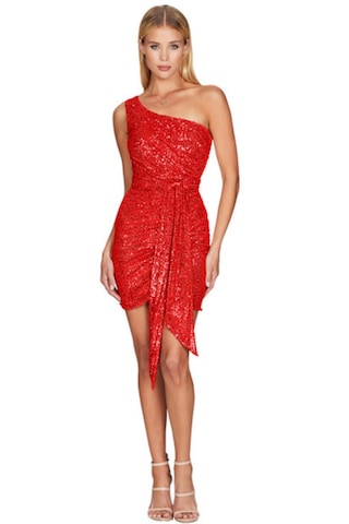 Hanife Glam Couture Hanife Glam Tek Omuz Zara Pupayet İşlemeli Mini Elbise Kırmızı