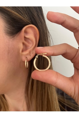 Altın Nesil - 14 Ayar Altın Kumlu Yuvarlak İnce Küpe Altın - Beyaz Altın