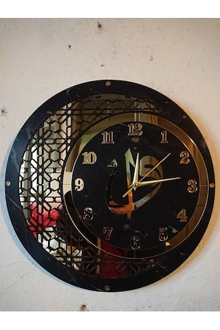 Duvar Saati 50 Cm Ahşap Ayna Elif Vav Motifli 2 X Panolu Altın - Siyah