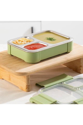 Porsima Bl25238 Isı Yalıtımlı Paslanmaz Çelik Sızdırmaz Silikon Kapak 3 Bölmeli Vakumlu Yemek Termosu Beslenme Kutusu Taşınabilir Lunch Box Sefer Tası Yeşil