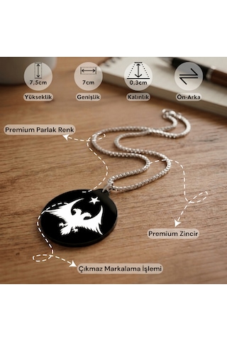 Çift Başlı Kartal Ve Ay Yıldız Çift Taraflı Dikiz Aynası Süsü - Premium Piano Black Pleksi Klipsli Zincirli Araç Aksesuarı